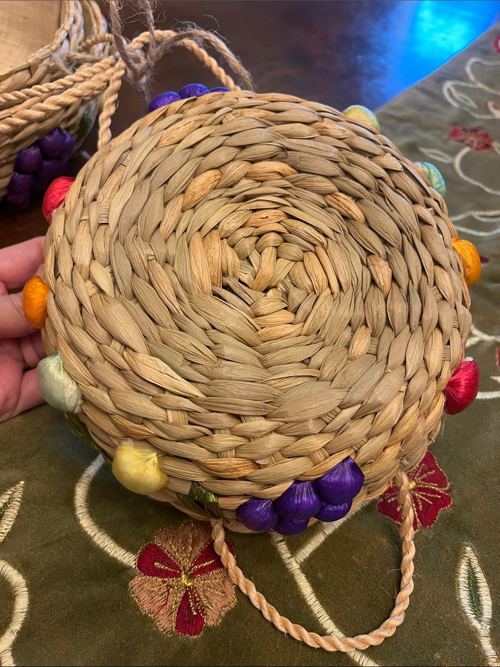 Hand Crafted Straw Nesting Baskets with Multicolor Embroidered Buds - Picture 6 of 9